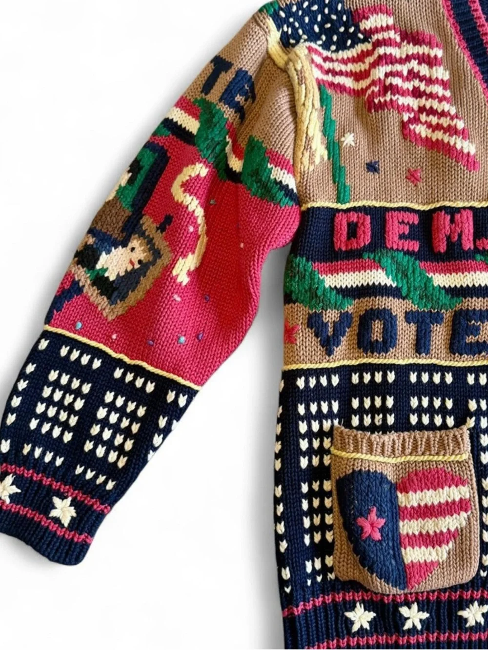 Vintage Traditional Trading Co Election Vote Themed Hand Knit Cardigan Size M - Picture 3 of 8